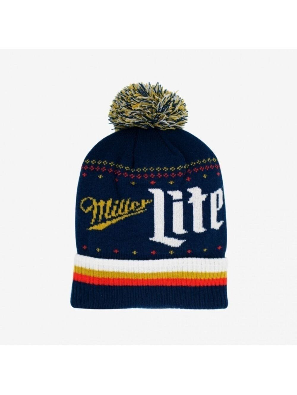 Miller Lite Cuffed Knit Pom Beanie - Navy and Yellow